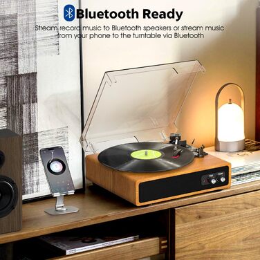Вініловий програвач FYDEE з Bluetooth, стерео-динаміками, 3 швидкості 33/45/78 об/хв, RCA та AUX, вінтажний дизайн, колір дуба