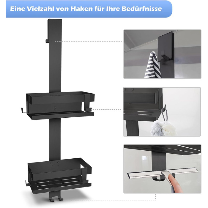 Настінна поличка для душу з нержавіючої сталі SUS304, без свердління, для скляних дверей (чорний)