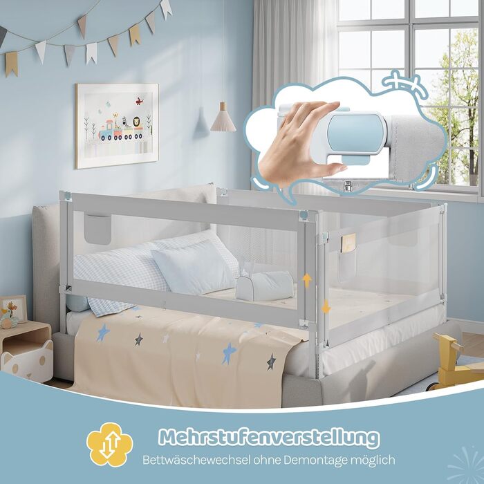 Бортик для ліжка WOLTU 150 см, захисний бортик для дітей та немовлят, регульована висота 69-87 см, тканина Оксфорд, металевий каркас, світло-сірий