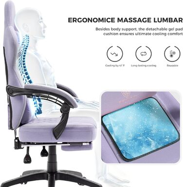 Ігровий крісло Dowinx з тканини та кишеньковим пружинним сидінням, крісло для геймерів з масажем та підголівником, ергономічне гоночне ігрове крісло з підніжкою, висувна підніжка (фіолетовий, висувна підніжка)