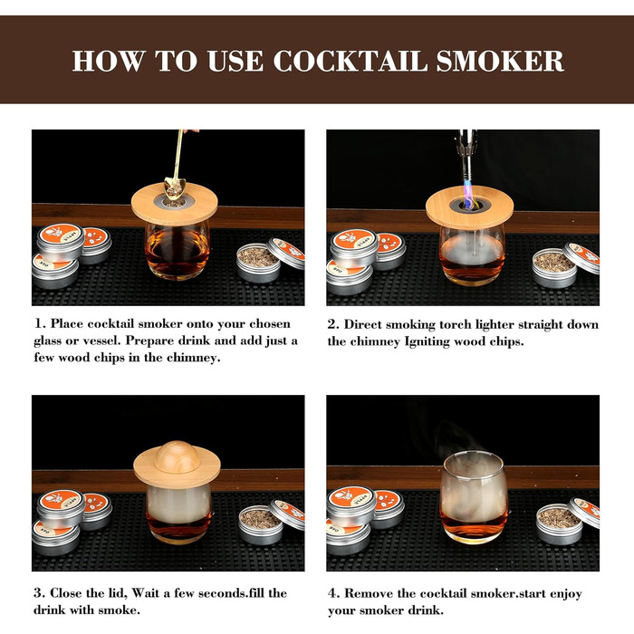 Набір для копчення коктейлів та віскі Saturn: копчення віскі, коктейлів, бурбону, кави та м'яса. 4 дерев'яні чіпси в комплекті