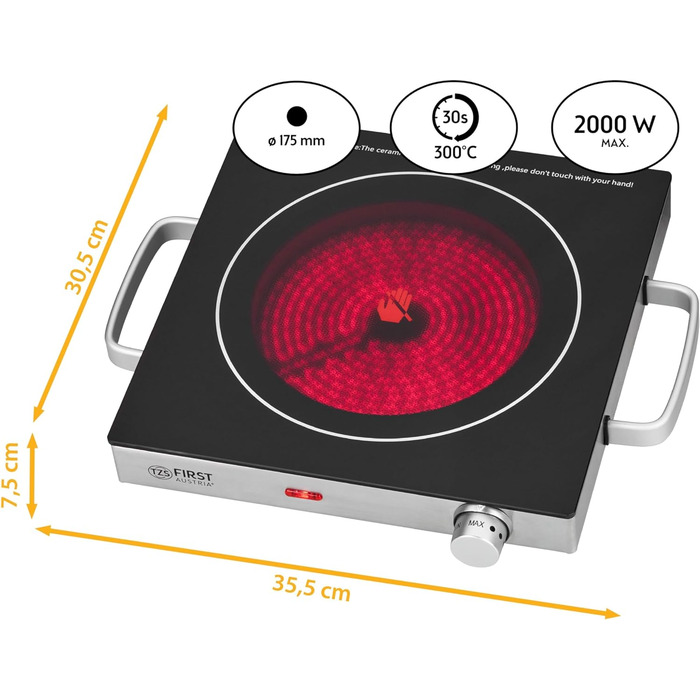 Перша інфрачервона керамічна плита TZS в Австрії ВСІ види горщиків Одинарна конфорка 17,5 см Варильна поверхня для переїзду, кемпінгу, дачної квартири - швидкий нагрів і плавне регулювання - світловий індикатор індивідуально чорний