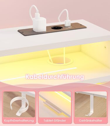 Офісний стіл для геймінгу OffiGo, 140 см, регульована висота, RGB LED, розетки, 3 полиці, тримач для напоїв та навушників, поверхня з карбону, білий колір