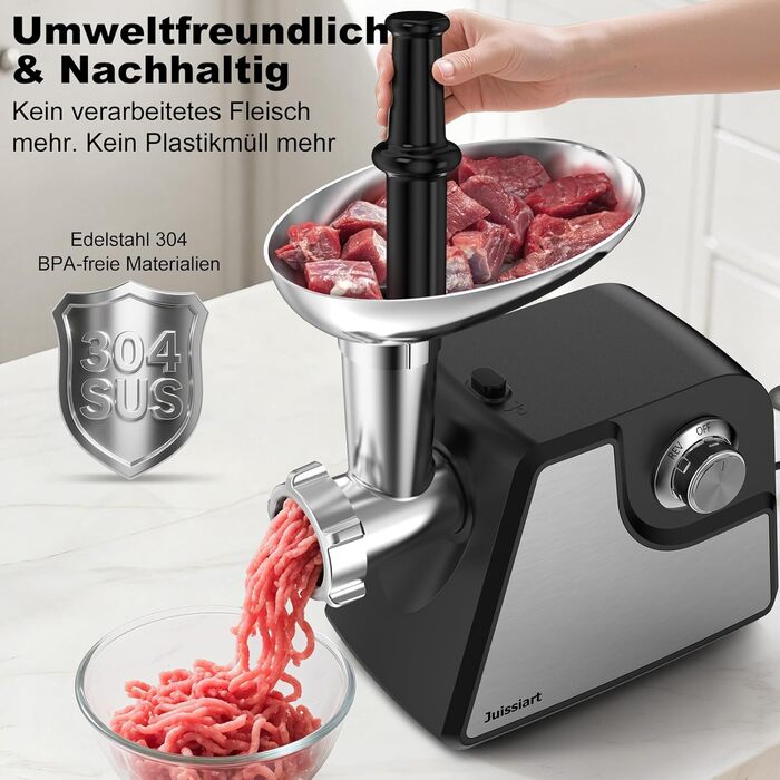 Електрична м'ясоподрібнювач Fleischwolf Juissiart: подрібнювач, фарш, ковбасний насадка, нержавіюча сталь, 3 диски, для кеббе, універсальний