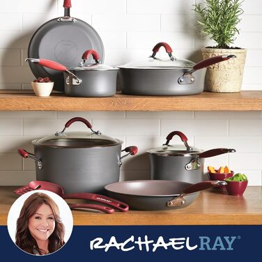 Набір посуду Rachael Ray Cucina Harteloxiertes Antihaft з антипригарним покриттям, з нержавіючої сталі, сірий з червоними ручками