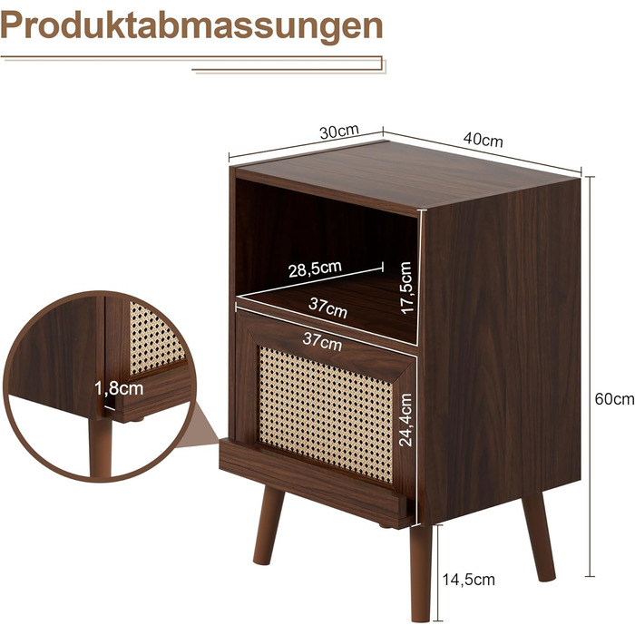 Набір з 2 приліжкових тумбочок з дерева та ротанга, 40x30x60см, коричневий дуб, журнальний столик для вітальні та спальні