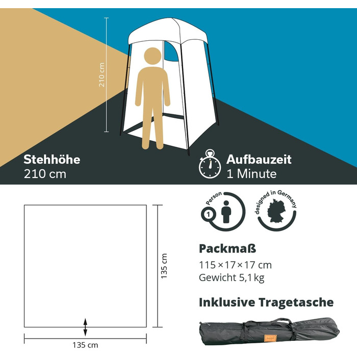 Намет для душу Skandika Camping | Переодягальний намет з висотою 210 см, сріблясте покриття, непрозорий, з окремим дном, вікно з москітною сіткою, кріплення для душу | Туалетний намет (Швидкий старт)