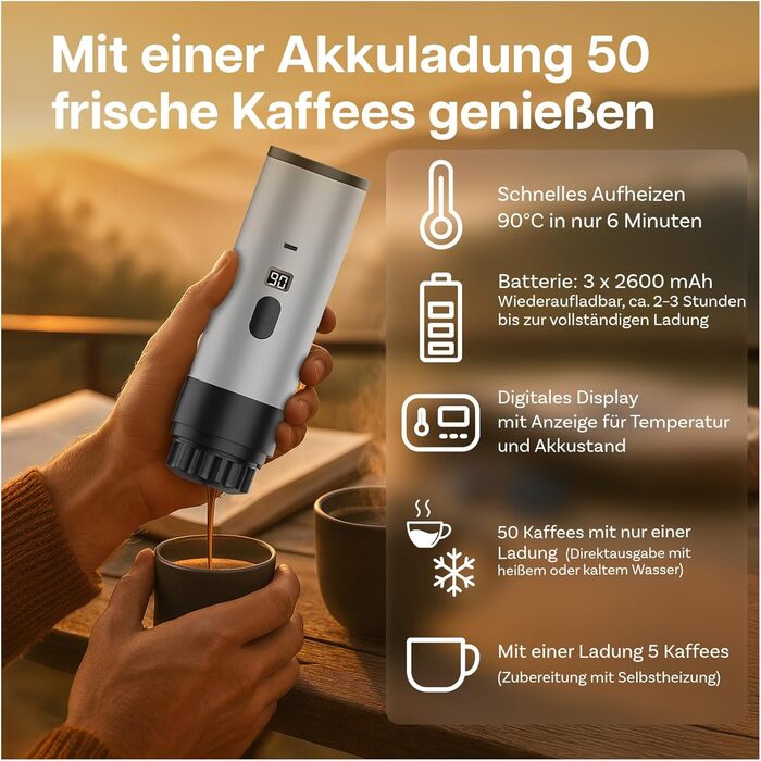 Портативна кавомашина MMOBIEL: електрична еспресо-машина з підігрівом, USB-C, для кави та капсул. Ідеально для подорожей, кемпінгу, дому, офісу. Білий колір + підставка