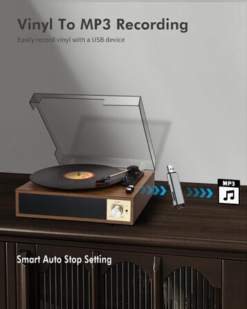 Вініловий програвач з Bluetooth, вбудованим динаміком, 3 швидкості 33/45/78 об/хв, ретро-програвач платівок AUX, RCA, USB, класичний коричневий
