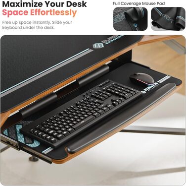 Ігровий стіл EUREKA ERGONOMIC 160x74 см з крилами для геймінгу, PC, Home Office, Live Streaming, 2 слоти для iPad, горіховий колір