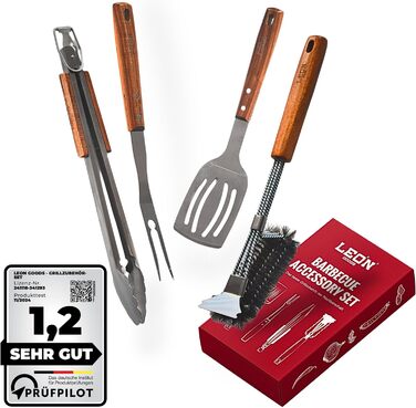 Набір для гриля: щипці, лопатка, виделка, щітка для чищення. Підходить для газових грилів. Подарунковий набір з нержавіючої сталі та акації (4 шт.)