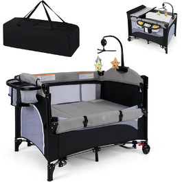 Дитяче ліжко-манеж DREAMADE 5 в 1 з матрацом, колесами та пеленальним столиком, з музичною іграшкою, 110x76 см, для новонароджених, з сумкою (зелений/сірий)