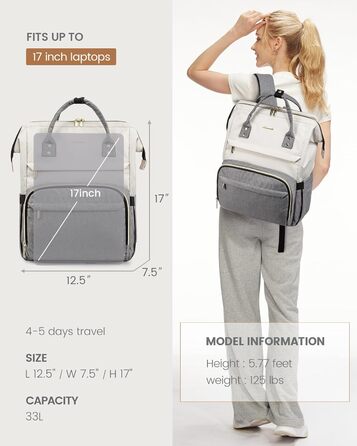 Рюкзак для ноутбука LOVEVOOK 17 дюймів, жіночий, великий, для підлітків, ручна поклажа, водонепроникний, дихаючі лямки, для навчання, школи та подорожей, бежево-сірий
