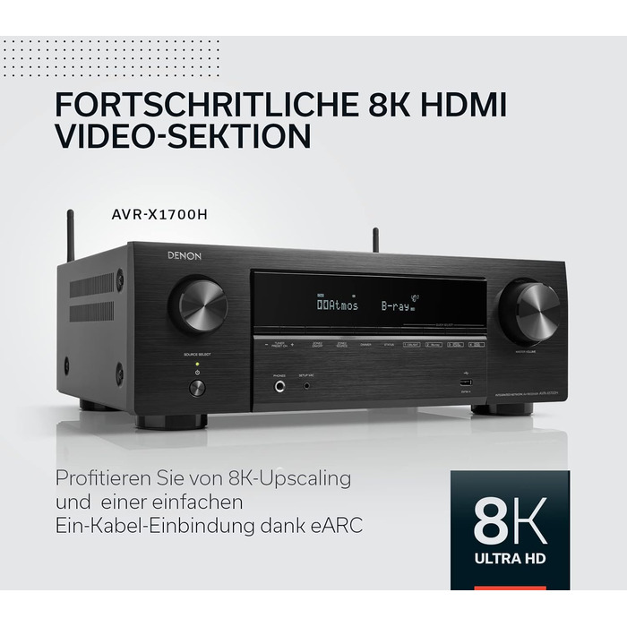 Канальний AV-ресивер Denon AVR-X1700H, Dolby Atmos, 8K HDMI, Bluetooth, Wi-Fi, Alexa, Чорний, 7.2-