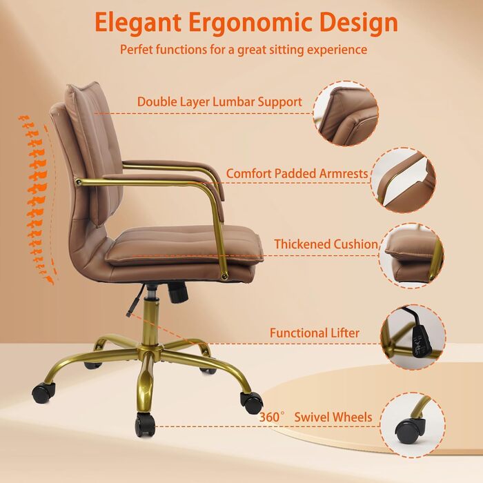 Крісло офісне Clatina, регульована висота, крісло для керівника з підлокітниками, обертове, для комп'ютера, коричневе, 1 шт.