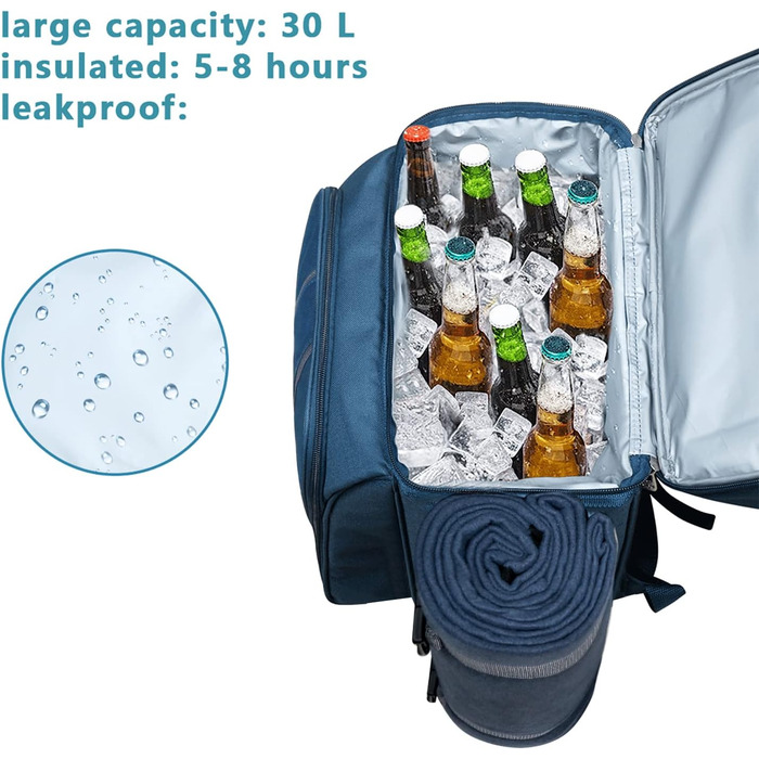 Набір для пікніка Hap Tim на 2 особи, рюкзак з тримачем для вина, флісова ковдра, набір столових приборів, ідеально для пляжу, подорожей, походів, кемпінгу, барбекю, сім'ї або як подарунок для пари (2 особи, блакитний)