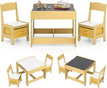 Дитячий меблевий набір GOPLUS 3в1: стіл та 2 стільці, дерев'яний, з місцем для зберігання, для дому, жовтий