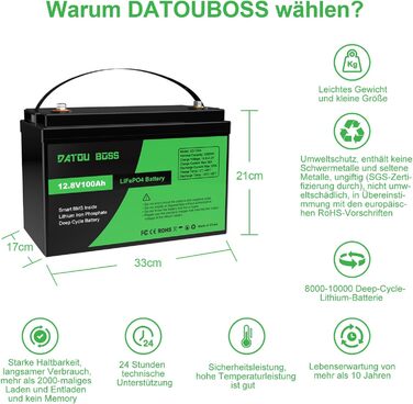 Акумулятор DATOUBOSS 12V 100Ah LiFePO4, 100A BMS, 8000 циклів, глибокий цикл, для автофургону, сонячна батарея, човен