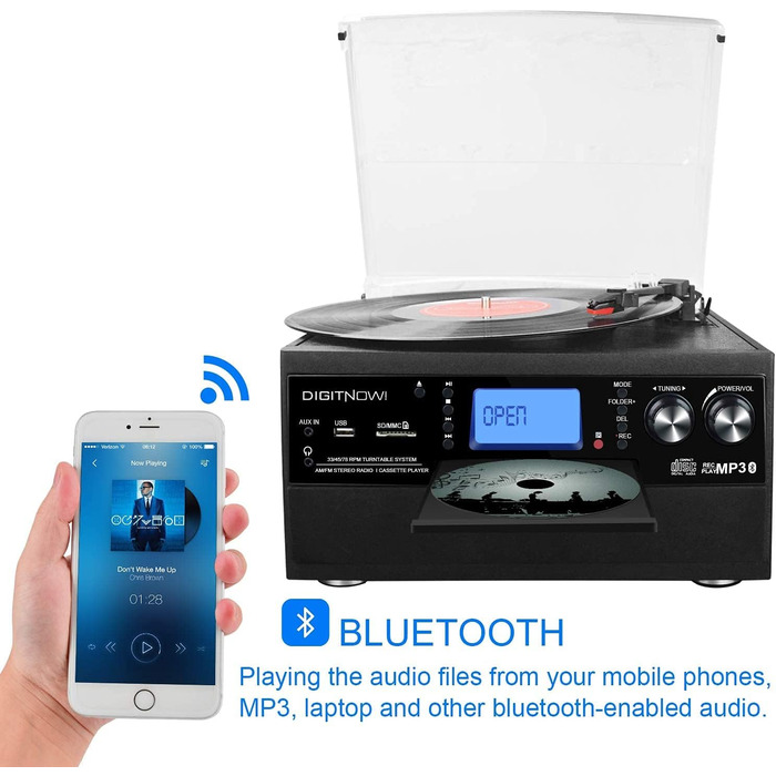 Вініловий програвач з Bluetooth, USB, CD та FM, 3 швидкості, вбудовані динаміки, функція кодування