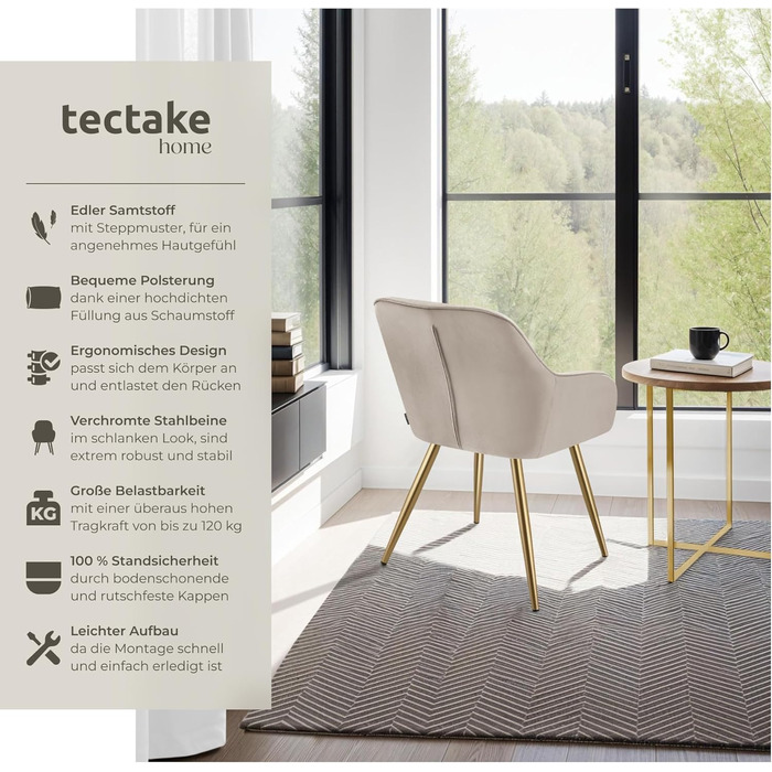 Крісло tectake® з велюровою оббивкою, сучасні кухонні стільці, зручний крісло для вітальні, стілець для їдальні, стілець для туалетного столика - (набір 1 шт, пудровий/золотий)