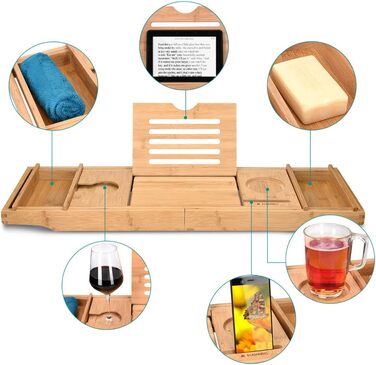 Підставка для ванни Navaris з бамбука, висувна з місцем для книг та склянок - піднос для ванни та ліжка, коричнева