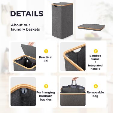 Кошик для білизни Rieeyrslza з кришкою, 158 л, бамбук, 2 мішки, Oxford, складний, сортувальник, для ковдр та одягу (сірий)