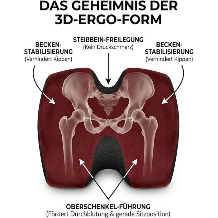 Ортопедична подушка для сидіння - преміум ергономічна подушка для офісу та авто з 3D Memory Foam - OEKO-TEX-100 (60-100 кг) (Червона)
