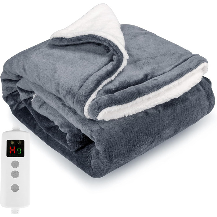 Електрична ковдра PROALLER 160x130 см з 10 рівнями нагріву та таймером, м'яка фланель-шерпа, для дивану, ліжка, офісу, сірий колір