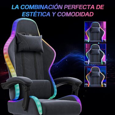 Ігровий крісло JUMMICO з тканини та LED підсвічуванням, ергономічний офісний крісло з масажем попереку та підніжкою, регулювання 90°-135°, максимальне навантаження 150 кг, колір сірий, компактний