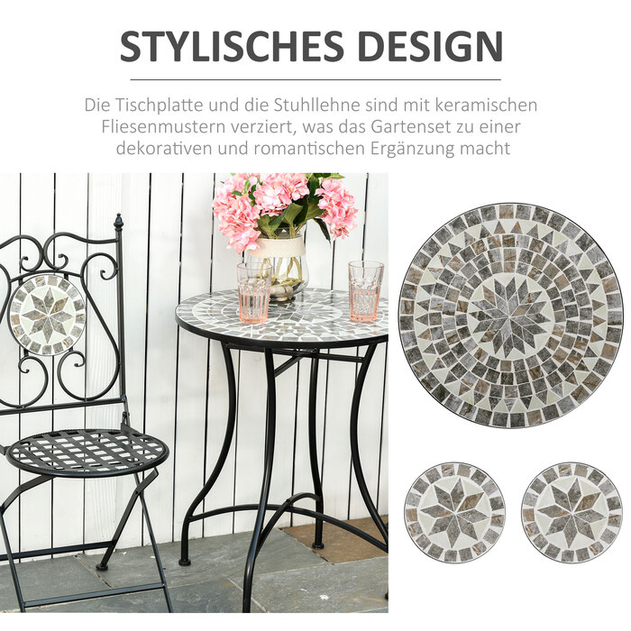 Набір садових меблів для балкону на 2 особи: стіл із мозаїкою та складані стільці з металу з керамічною плиткою, багатокольоровий