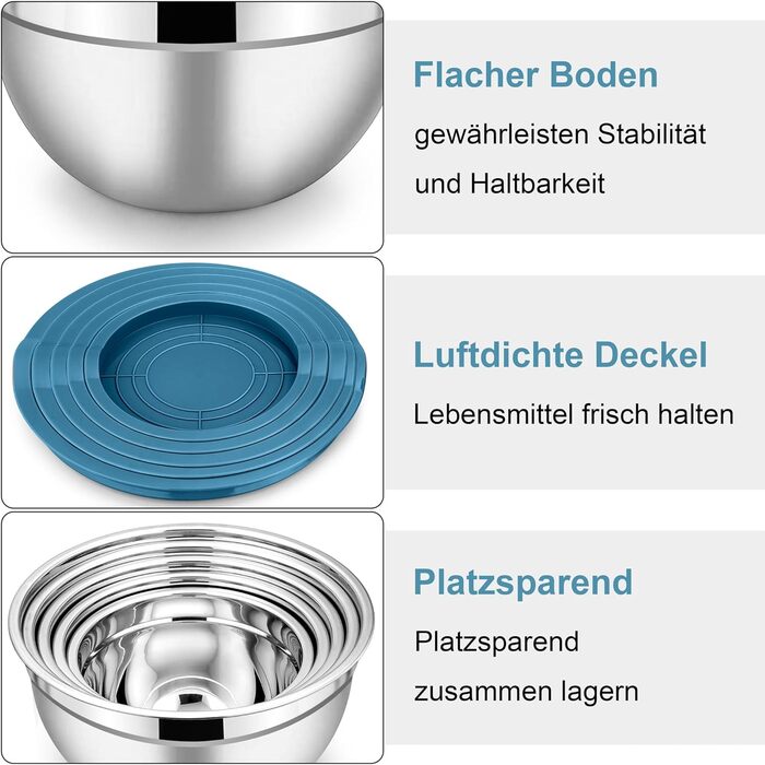 Миска Herogo з кришкою 5шт Набір салатниць з нержавіючої сталі Розмір 4,5 л / 2,7 л / 1,5 л / 1,2 л / 0,7 л Штабельована кухонна миска для змішування сервіровки, включаючи посуд для випічки Можна мити в посудомийній машині (синій)