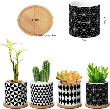 4 шт. горщики для сукулентів Coolty, кераміка, 7 см, міні-кактуси, геометричний дизайн, з підставкою та бамбуковим піддоном для декору