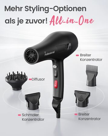 Професійний іонний фен для волосся Dekuri з диффузором та 2 насадками-концентраторами, 3 температурні та 2 швидкісні режими, чорний