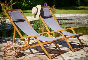 Лежак для відпочинку Casaria® з дерева, вологостійкий, складаний, регульований, до 160 кг, підлокітники, подушка для шиї, для саду та балкону, акація, 94x94x60 см, антрацит