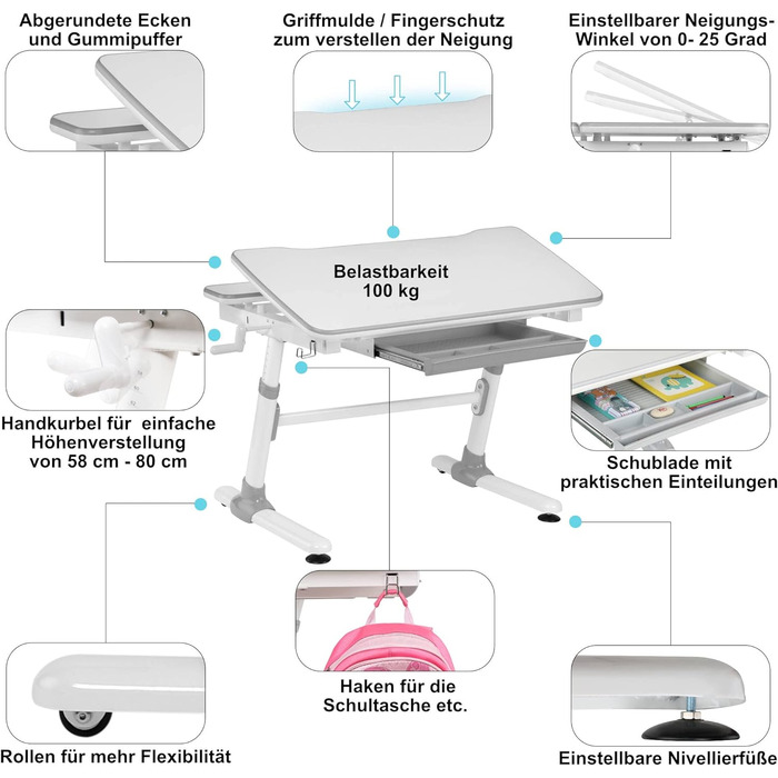 Дитячий письмовий стіл з регулюванням висоти вручну з регульованою стільницею, білого кольору. Ергономічні сидіння для дітей сірого кольору