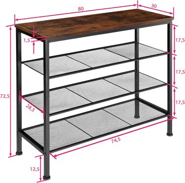 Підставка для взуття вузька, дерево/метал, промисловий дизайн, 4 рівні, 80,5x30,5x72,5см