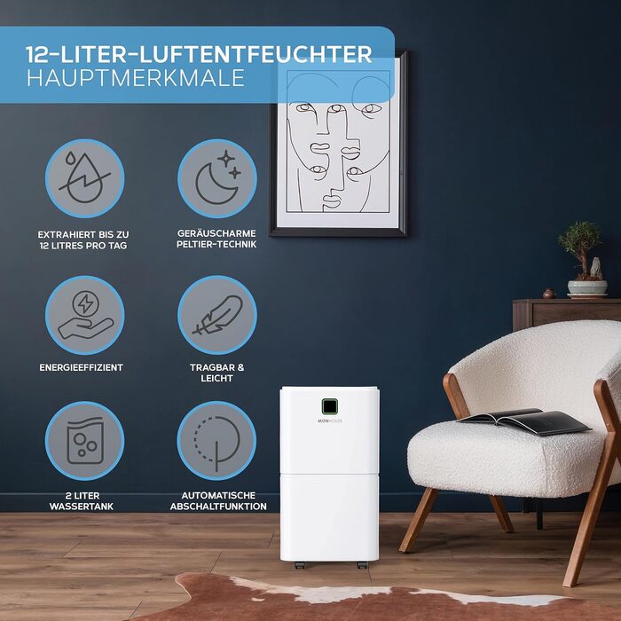 MONHOUSE Цифровий осушувач повітря 12л з режимом сну, таймером 24 год, для сушіння білизни, кімнат, підвалів, гаражів та кухні - портативний електричний осушувач білого кольору, видаляє плісняву та вологу