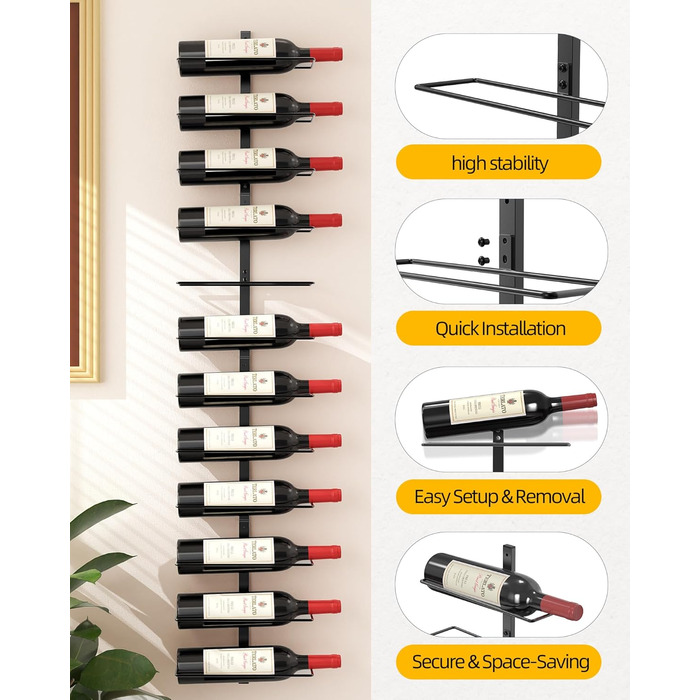Настінна полиця для вина TJ.MOREE на 12 пляшок, дерев'яний винотримач для кухні, бару та їдальні, чорний комплект 8 шт.