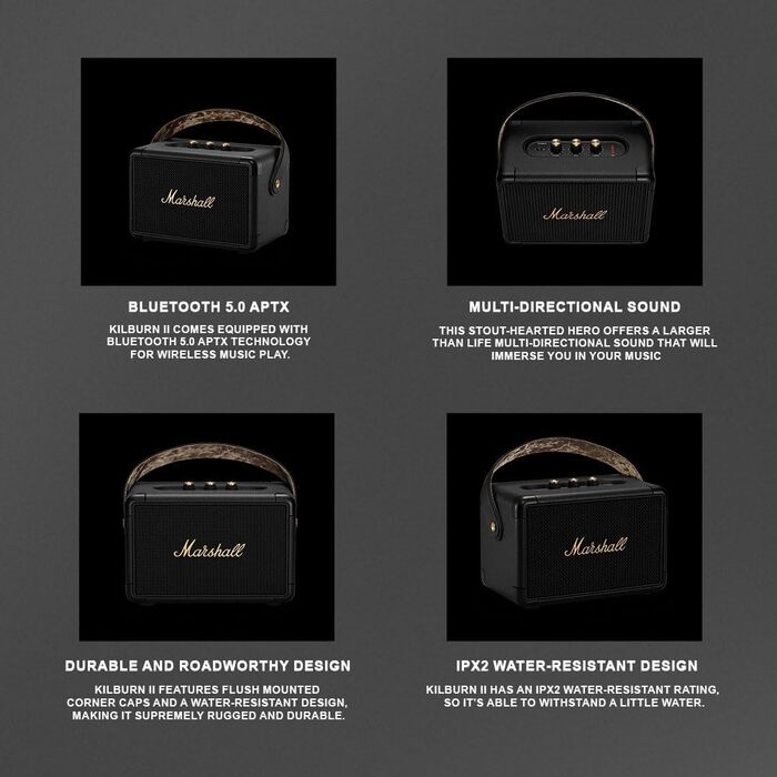 Портативна Bluetooth колонка Marshall Kilburn II, водостійка, чорна з латунню