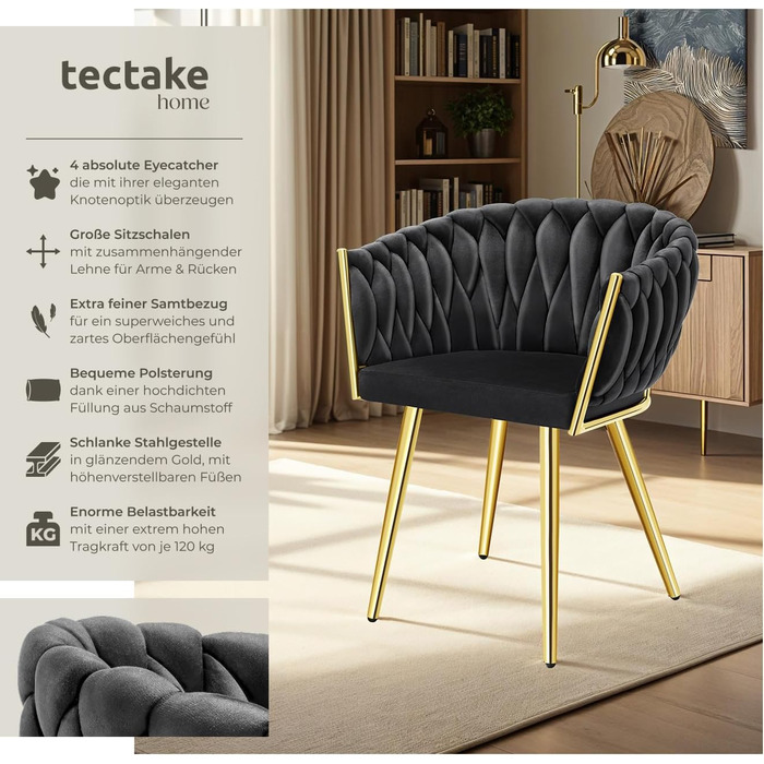 Тектейк® Велюровий стілець, крісло-чілл з ефектом вузлів, обідні стільці, сучасний крісло для вітальні, їдальні, як кухонні стільці, для туалетного столика, комплект стільців (4 шт, Чорний/Золотий)