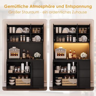 Чорний кухонний буфет з LED-підсвіткою, стільницею та 3 висувними ящиками, 180x100x38.5 см