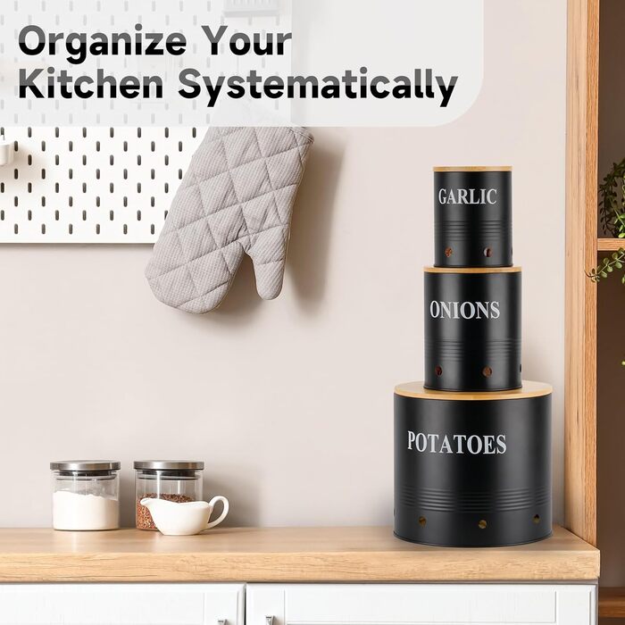 Набір контейнерів для зберігання картоплі, цибулі та часнику Lannvan | 3 шт. з бамбуковим кришками | З вентиляцією та захистом від світла (чорний)