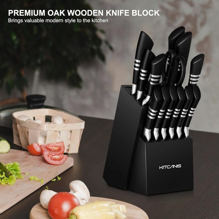 Набір кухонних ножів Kitkanis 17 предметів з бруском, професійний, з нержавіючої сталі, з кухонними ножицями та точильним бруском, з масивного дерева