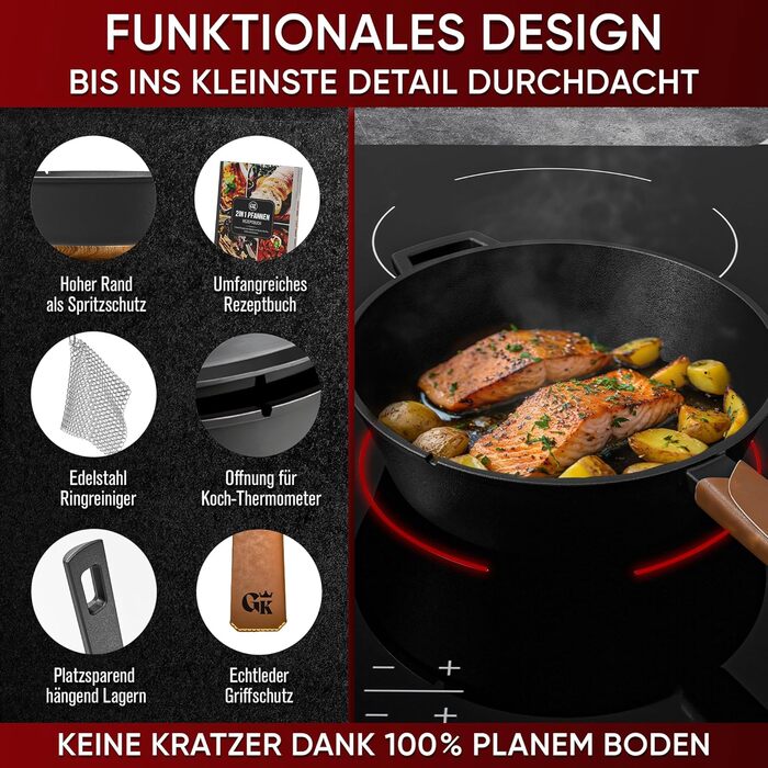 Нідерландський горщик 2в1 з чавуну 4.8л & сковорода з чавуну 1.8л - Набір нідерландського горщика з подвійною функцією - з кулінарною книгою та аксесуарами для барбекю, кемпінгу та кухні - 30 років гарантії (2в1 сковорода)