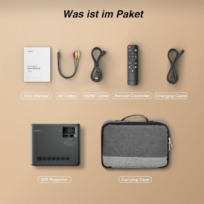 Портативний проєктор iZEEKER Mini з підтримкою 4K, WiFi, Bluetooth, HDMI, iOS, Android, PS5. Яскравість 10000 Lux, Full HD 1080P, 300 дюймів для домашнього кінотеатру. Чорний колір.