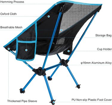 Крісло для кемпінгу Houzzcare, надлегке складане крісло, садове крісло, складаний стілець, портативне крісло для кемпінгу - Максимальне навантаження 150 кг - ідеально підходить для пляжу, риболовлі, піших прогулянок, пікніків