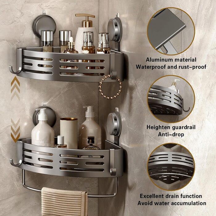 Полка для душу Voldra без свердління, кутова полиця для ванної кімнати з присосками, металева полиця для душу з тримачем для рушників (2 шт., сірий)