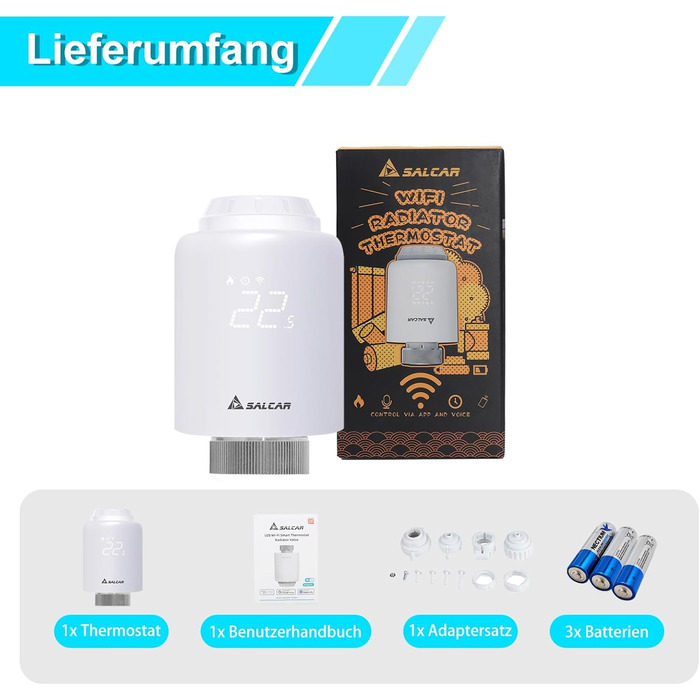 Розумний термостат для радіатора Salcar WiFi TRV603, сумісний з Alexa та Google Assistant, програмований, Tuya Smart, без шлюзу