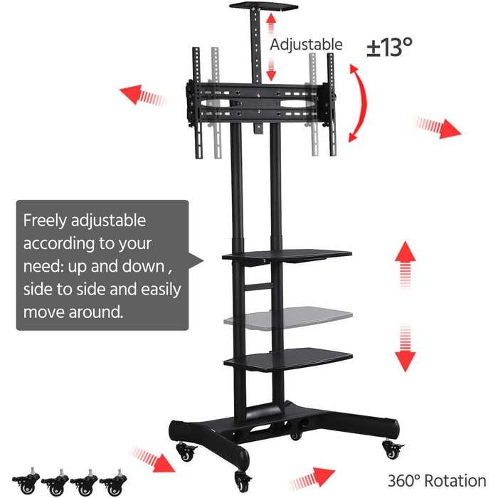 Візок для телевізора Yaheetech 32-65 дюймів VESA від 200x200 до 600x400 мобільний регульований 3 полиці з гальмом