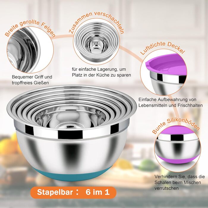 Набір місок Homikit з нержавіючої сталі, 6 шт. з тертками, кришками та силіконовим дном, 4.6/2.8/2.5/1.6/1.2/0.7 л, багатобарвний
